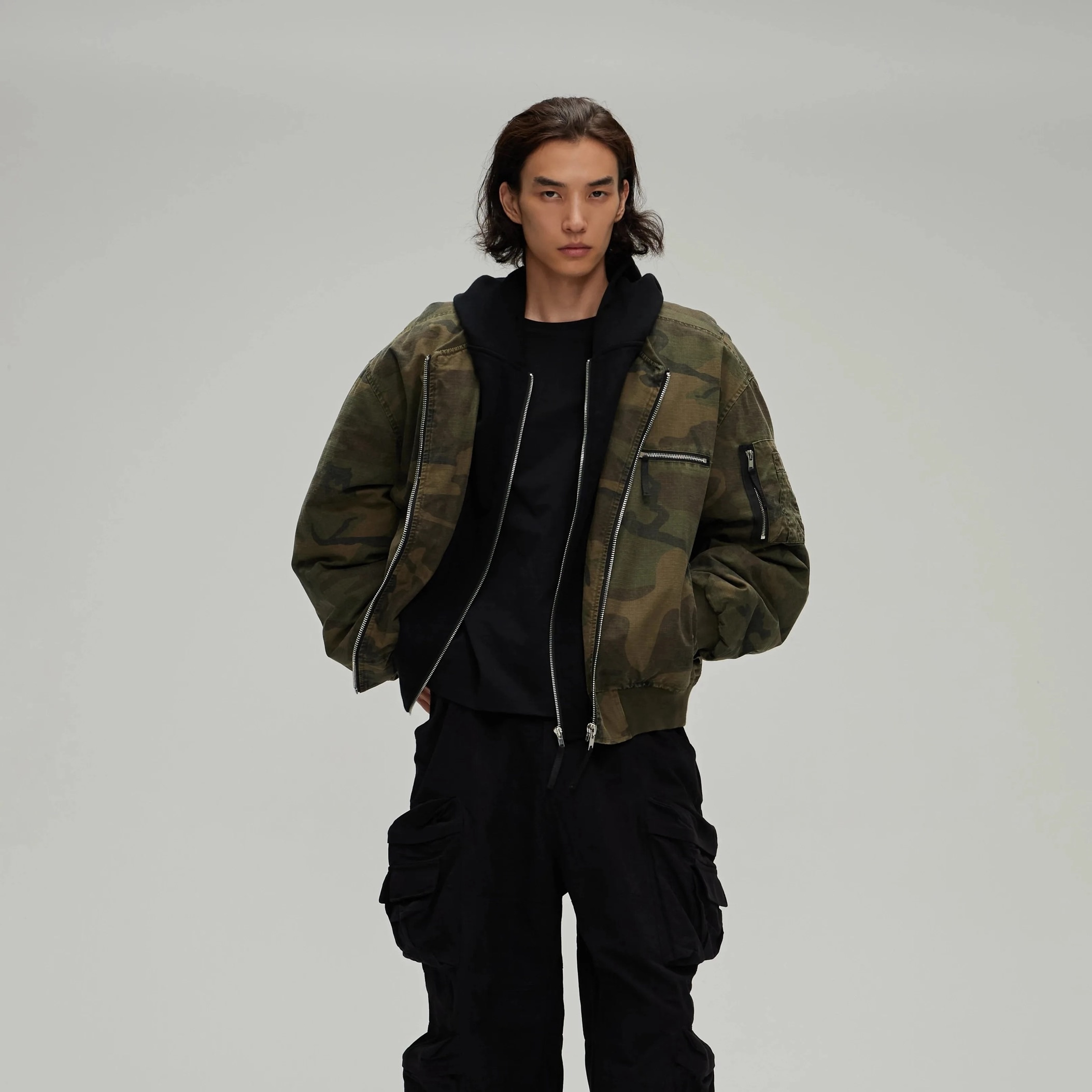 Leisure Washed-out Distressed Camouflage Fake Two-piece Cotton-padded Jacket - Image 3