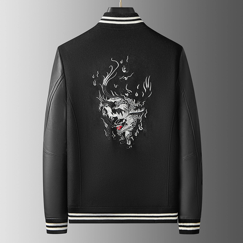 Men's Fashion Casual Wool Sheepskin Stitching Leather Coat - Image 5