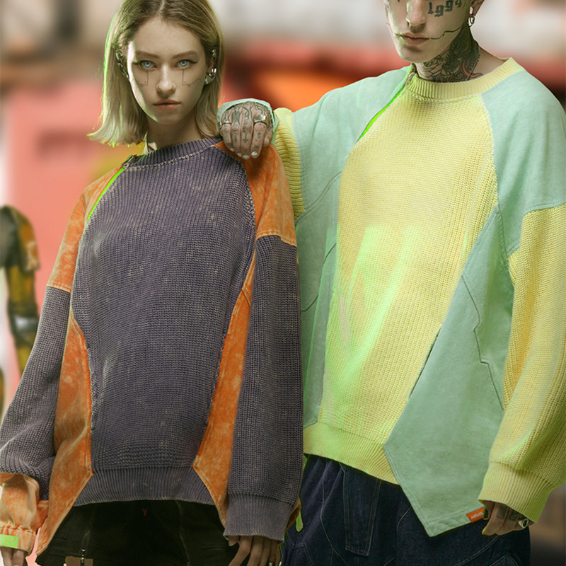 Punk Street Loose Round Neck Pullover Color Block Top