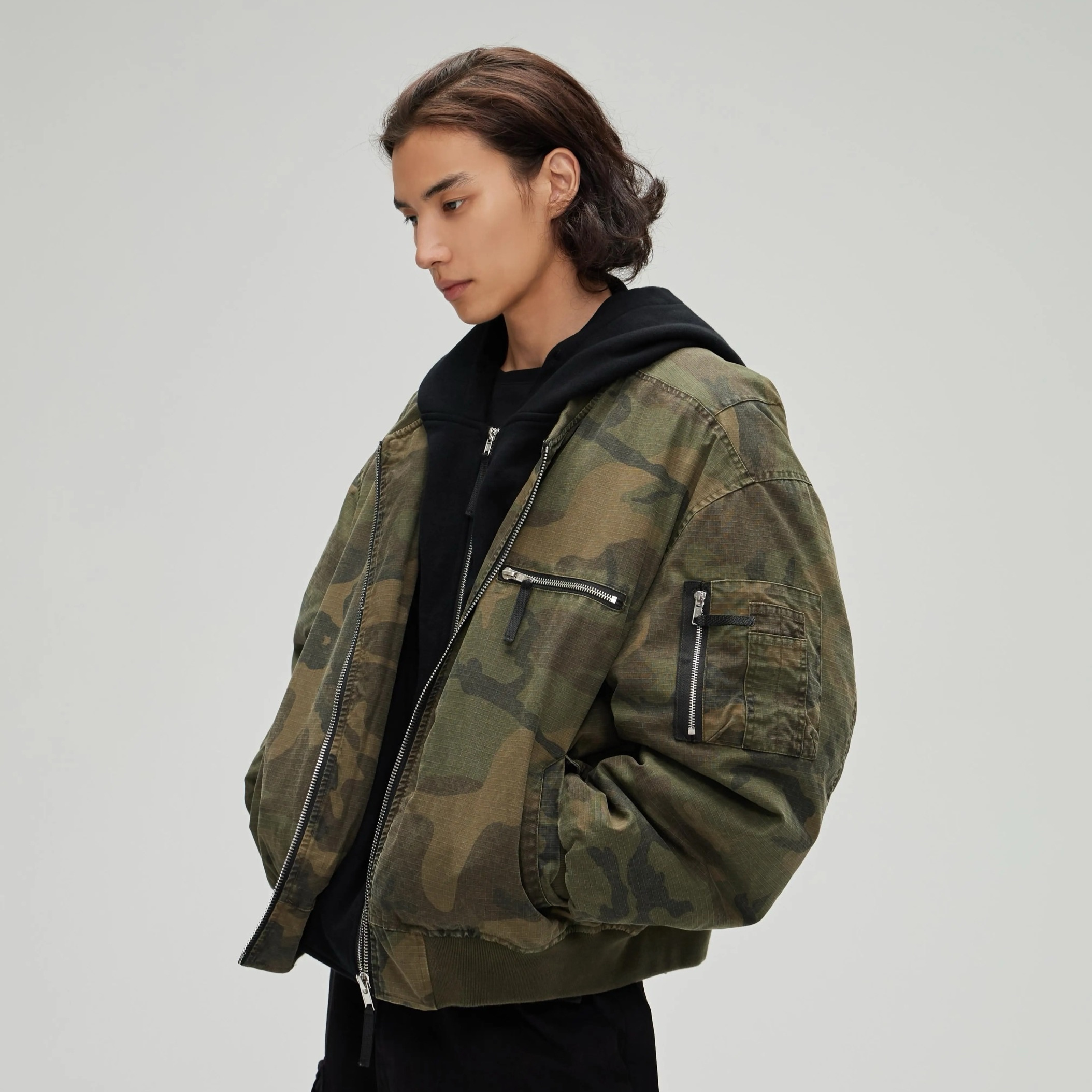 Leisure Washed-out Distressed Camouflage Fake Two-piece Cotton-padded Jacket - Image 4