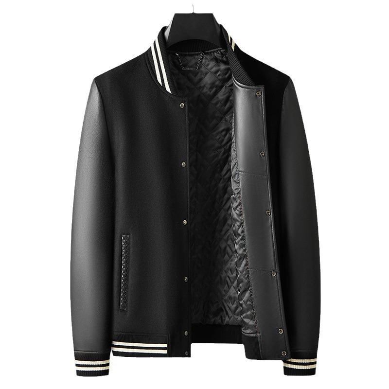 Men's Fashion Casual Wool Sheepskin Stitching Leather Coat - Image 4