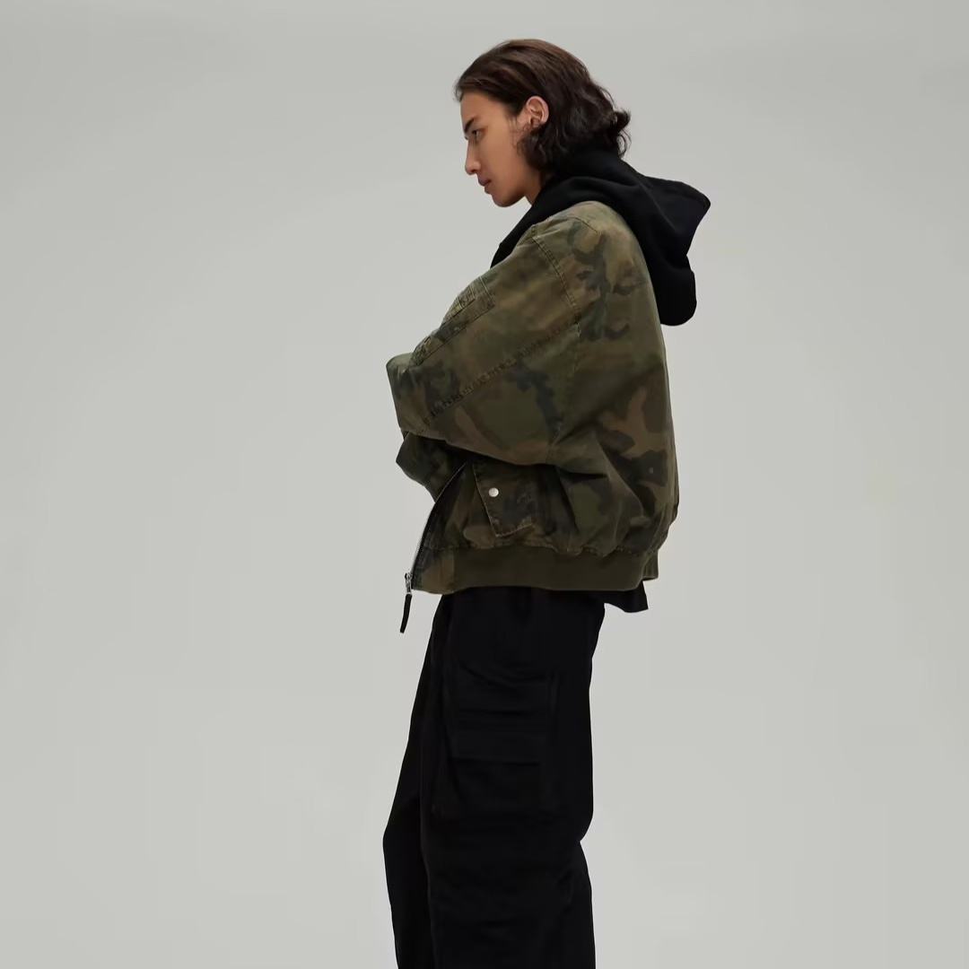 Leisure Washed-out Distressed Camouflage Fake Two-piece Cotton-padded Jacket - Image 2