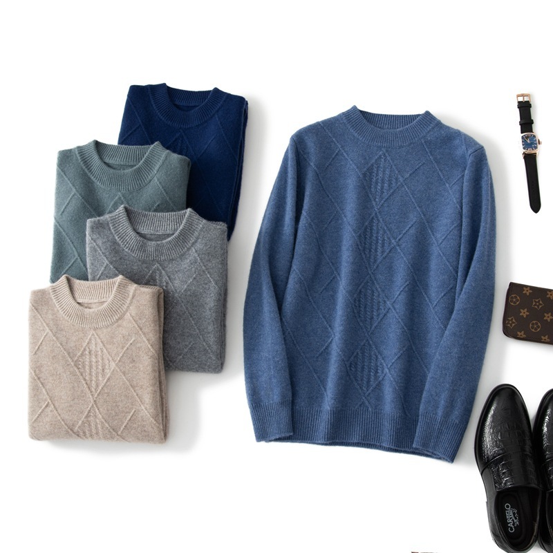 New Men's Round Neck Solid Color Cashmere Fashion Jacquard Bottoming Shirt