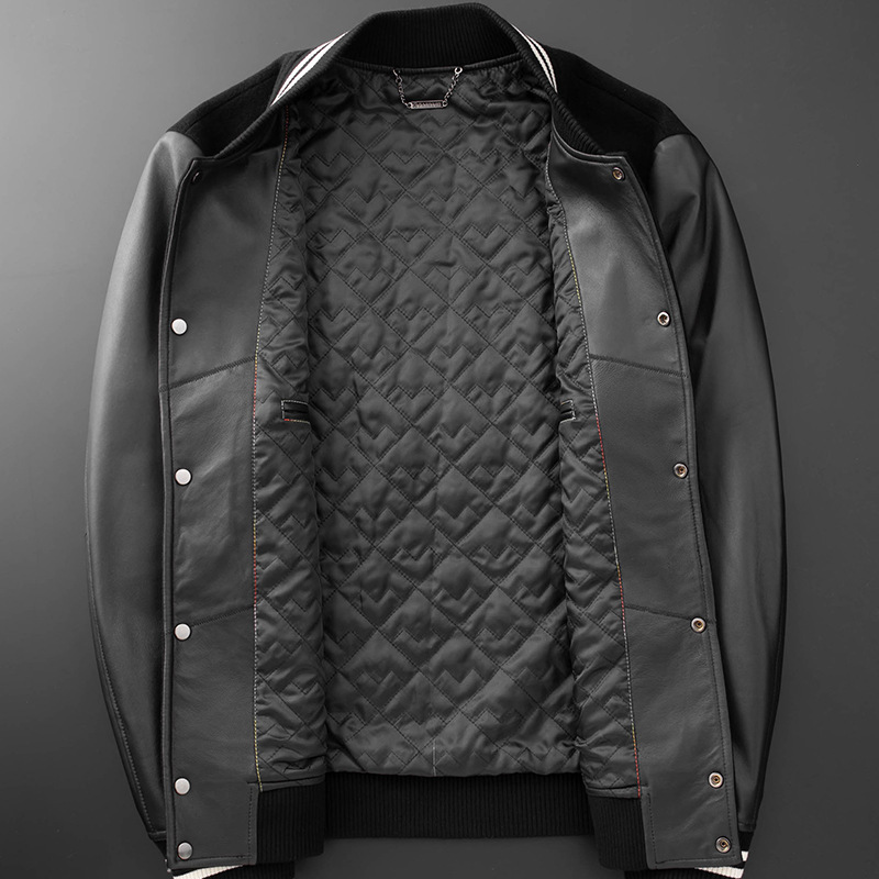 Men's Fashion Casual Wool Sheepskin Stitching Leather Coat - Image 3