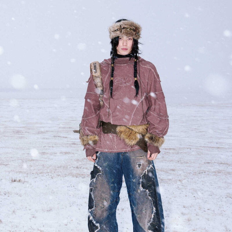 Split Structure Fried Dyeing Distressed Hooded Sweater For Men